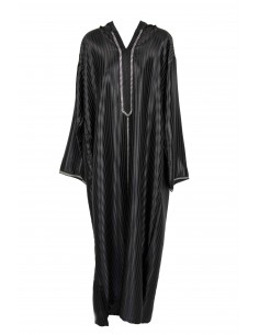 Men's black djellaba, long sleeves with silver trim
