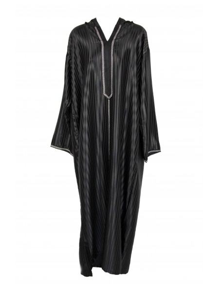 Men's black djellaba, long sleeves with silver trim