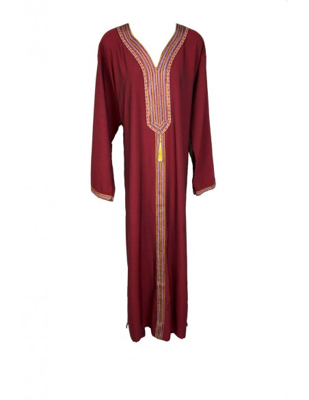 Women's burgundy djellaba, long sleeves with embroidered trim