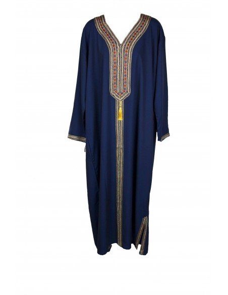 Djellaba pour femme bleu marine à manches longues et galon brodé