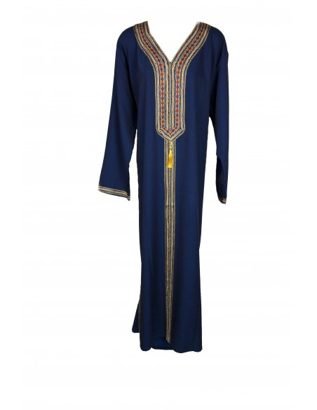 Djellaba pour femme bleu marine à manches longues et galon brodé