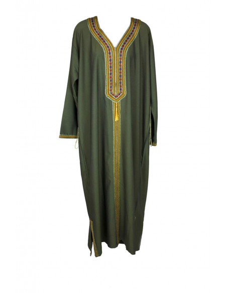 Djellaba pour femme vert kaki à manches longues et galon brodé
