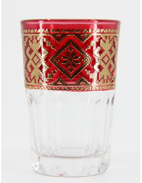 Verre à thé marocain rouge – Frise dorée géométrique
