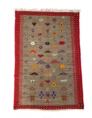 Tapis en laine gris à bordure rouge et motifs...