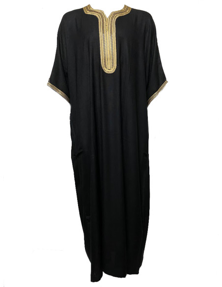 Djellaba pour homme à manches courtes, noire à broderie dorée