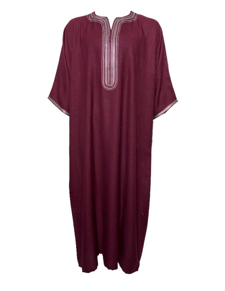 Men's short-sleeve djellaba, burgundy with gold embroidery