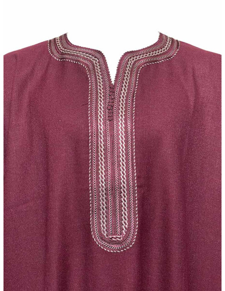 Djellaba pour homme à manches courtes, bordeaux à broderie dorée