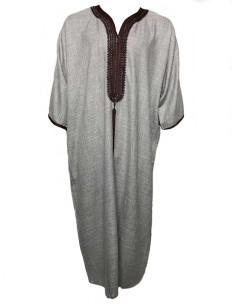 Men's short-sleeve djellaba, light grey with black...