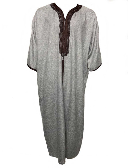Djellaba pour homme à manches courtes, gris clair à broderie noire