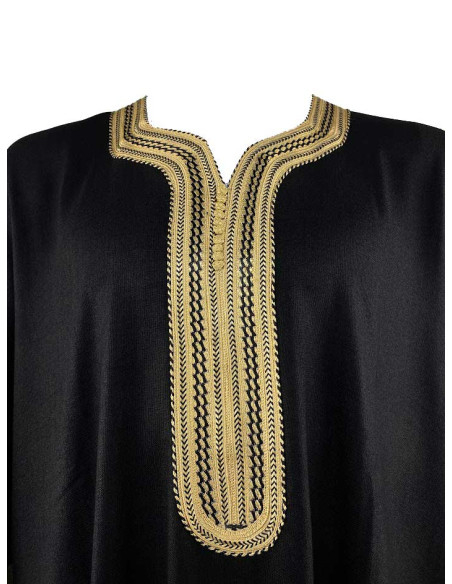 Djellaba pour homme à manches courtes, noire à broderie dorée
