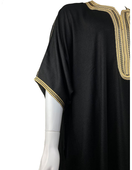Djellaba pour homme à manches courtes, noire à broderie dorée