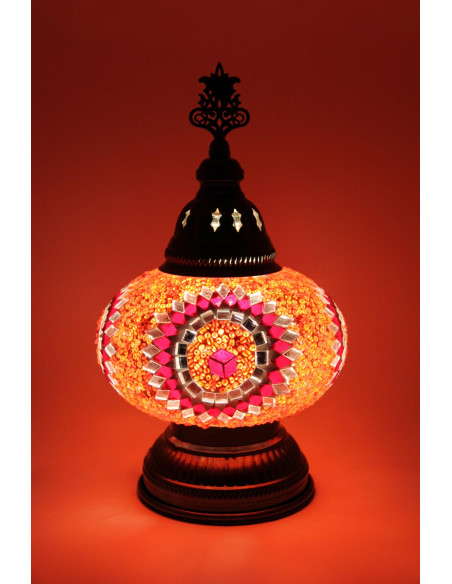 Turkish Mosaic Lamp with a pink and red rosette, 11 in