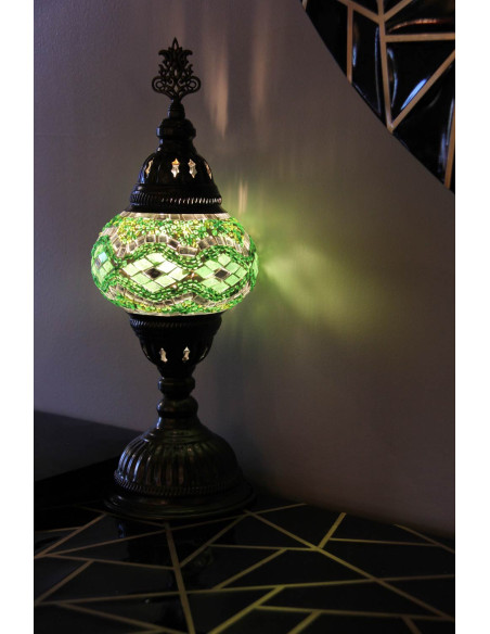Turkish Mosaic Lamp with green and pink diamonds, 13 in