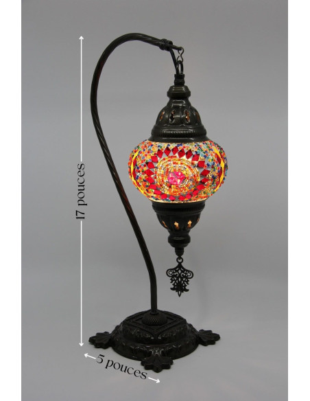Lampe turque col de cygne en mosaïque rouge à rosace, 17 po
