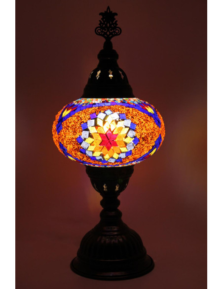 Turkish Mosaic Lamp with a blue rosette on orange, 15 in