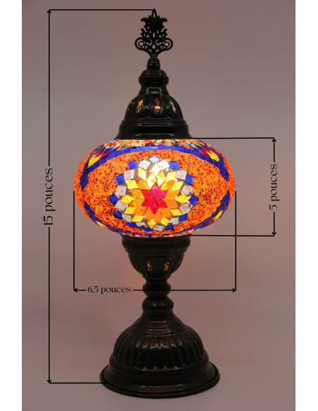 Turkish Mosaic Lamp with a blue rosette on orange, 15 in