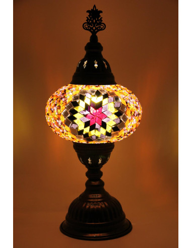 Turkish Mosaic Lamp with a pink star on amber,...