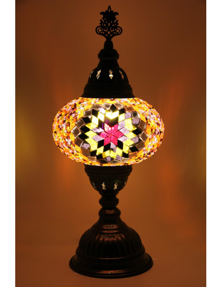 Turkish Mosaic Lamp with a pink star on amber, 15 in