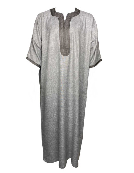 Djellaba pour homme à manches courtes, gris clair à broderie grise
