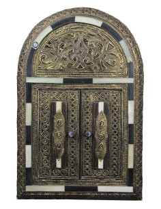 Moroccan copper shutter mirror, round arch, black and white