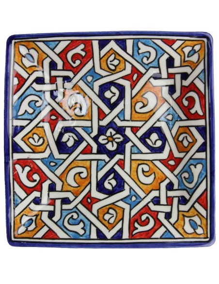 Assiette carrée marocaine à entrelacs bleus et rouges