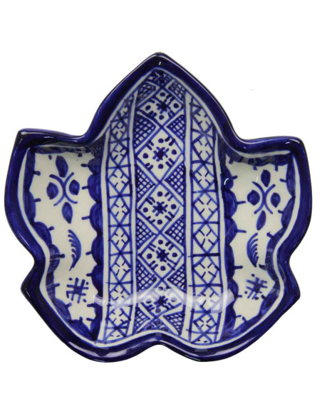 Assiette à dessert en forme de feuille, bleu et blanc à fleurs