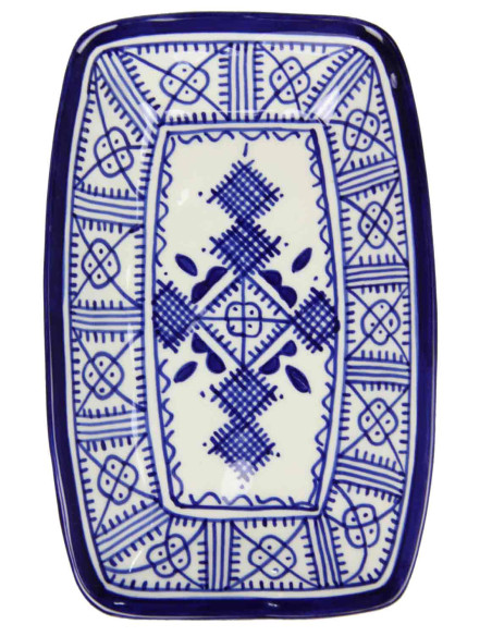 Assiette rectangulaire marocaine bleue et blanche à motif central