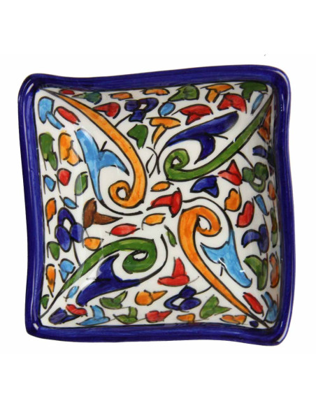 Colourful square Moroccan bowl with green and blue scrolls