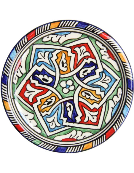 Assiette ronde marocaine à arabesques bleues et vertes