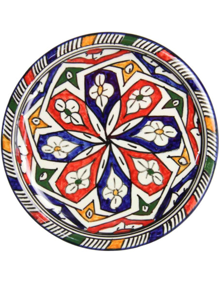 Assiette ronde marocaine à grande fleur rouge et bleue