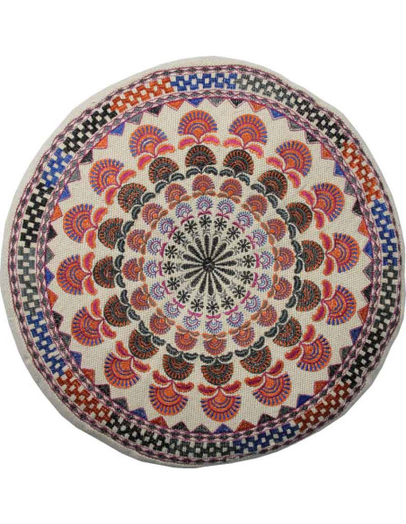 Coussin de méditation rond brodé rouge, Ø 16 po
