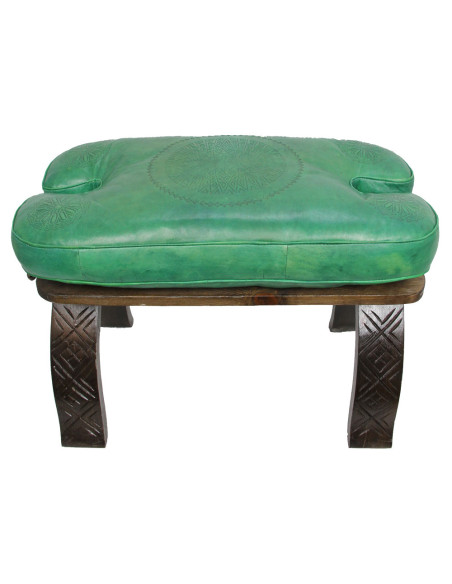 Folding Camel Saddle Chair, Cedar and Green Leather