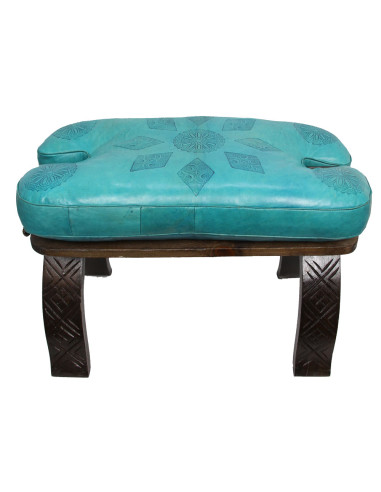 Wood and blue leather bench