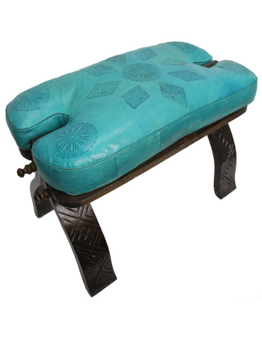 Folding Camel Saddle Chair, Cedar and Blue Leather