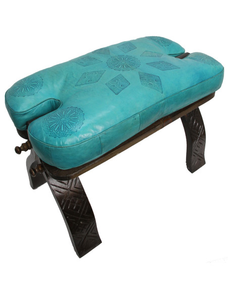 Banc en bois et cuir bleu