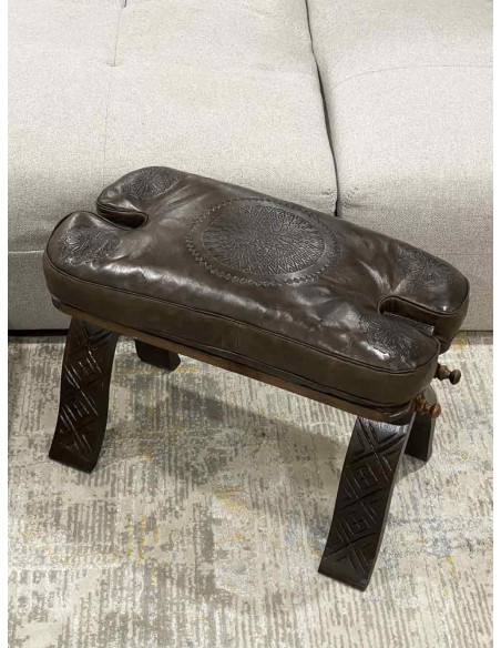 Wood and brown leather bench