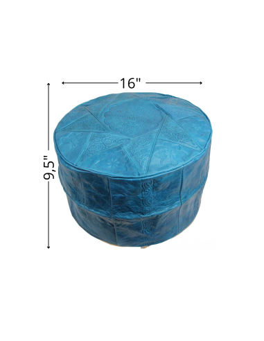Pouf marocain Fès en cuir turquoise – Ø 16 po