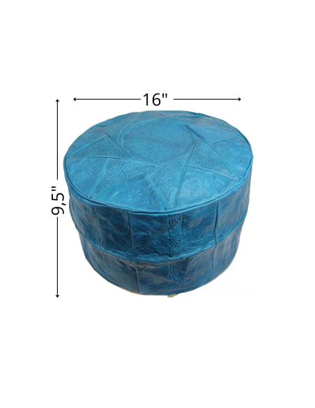 Moroccan Fes Leather Pouf, Turquoise – Ø 16 in
