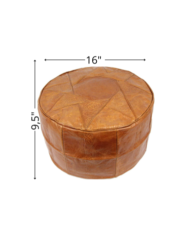 Moroccan Fes Leather Pouf, Beige Caramel – Ø 16 in