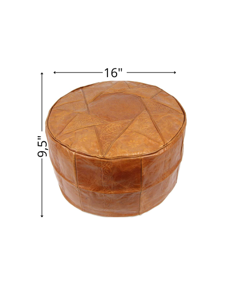 Moroccan Fes Leather Pouf, Beige Caramel – Ø 16 in