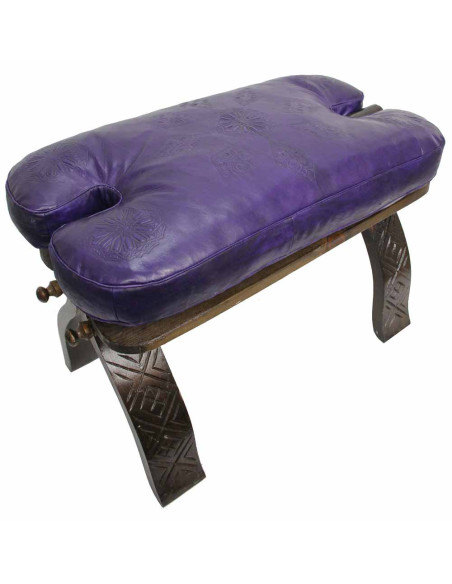 Folding Camel Saddle Chair, Cedar and Purple Leather