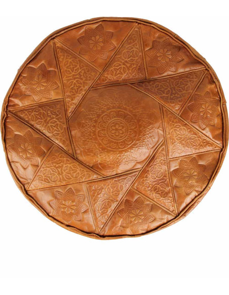 Pouf marocain Rabat en cuir caramel – Ø 16 po