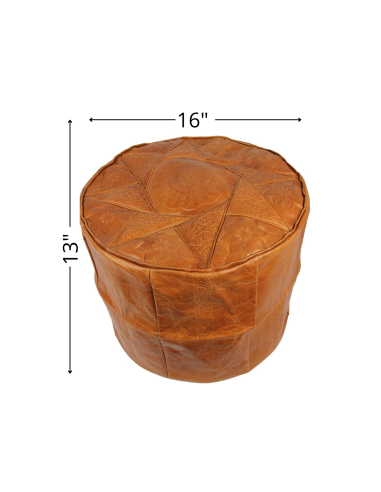 Moroccan Rabat Leather Pouf, Caramel – Ø 16 in