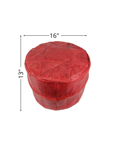 Moroccan Rabat Leather Pouf, Red – Ø 16 in