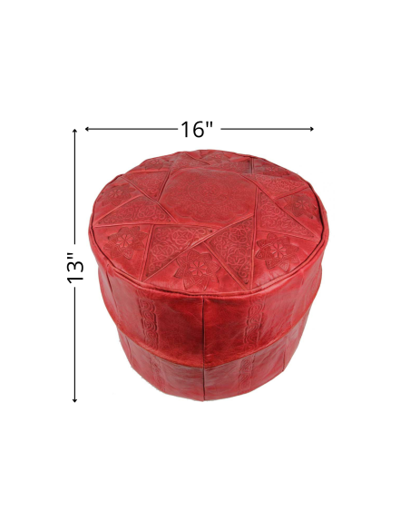 Moroccan Rabat Leather Pouf, Red – Ø 16 in