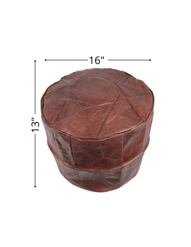 Moroccan Rabat Leather Pouf, Dark Brown – Ø 16 in