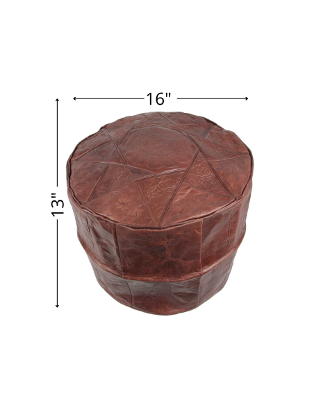 Moroccan Rabat Leather Pouf, Dark Brown – Ø 16 in