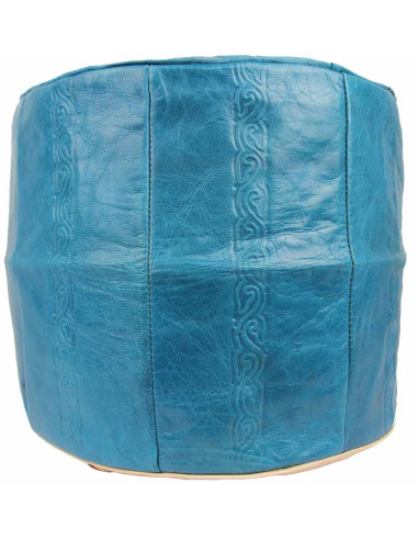 Pouf marocain Rabat en cuir turquoise – Ø 16 po