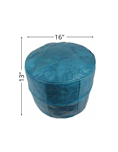 Moroccan Rabat Leather Pouf, Turquoise – Ø 16 in