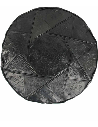 Pouf marocain Rabat en cuir noir – Ø 16 po